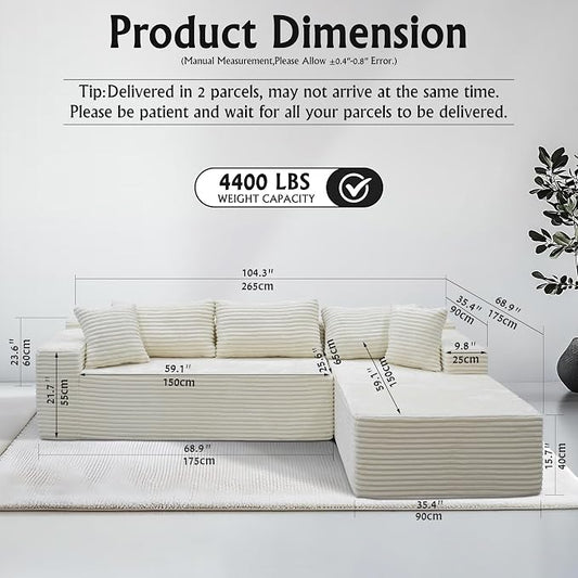 Sectional couches for Living Room Corduroy Couch, 104" Cloud Sectional Couch with L-Shape Chaise, Modern Modular Sofa, Deep Seat Comfort, No Assembly Required(Plush Corduroy, Right Facing Chaise)