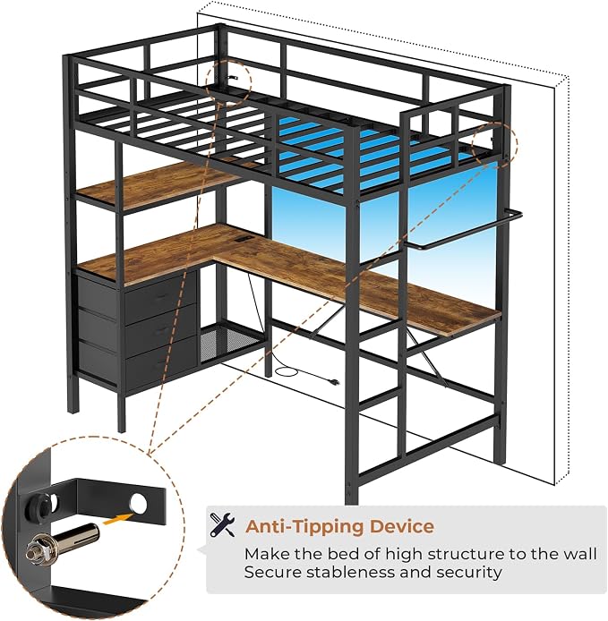 DICTAC Twin Loft Bed with L-Shaped Desk, LED Lights,Charging Station LED Metal Kids Loft Bed Twin Size with 3 Storage Shelves and 3 Fabric Drawers, Safety Guard & Ladder,No Box Spring Needed, Black