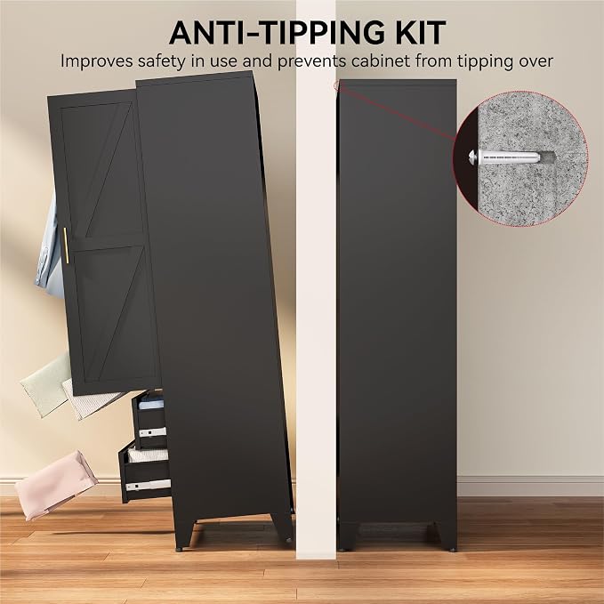 COFaR Black Metal Wardrobe Closet with 2 Drawers, 71" Steel Armoire Cabinet with Hanging Rod & Adjustable Shelf, Modern Freestanding Closet Organizer with Doors