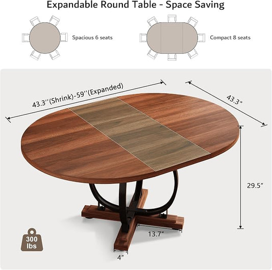 iPormis 59'' Extendable Round Dining Table for 4 to 6, Kitchen Table with Sturdy X-Base Metal Legs, MDF Board with Backboard Clasp, Space Saving, Easy Assembly, Kitchen, Dining Room, Walnut