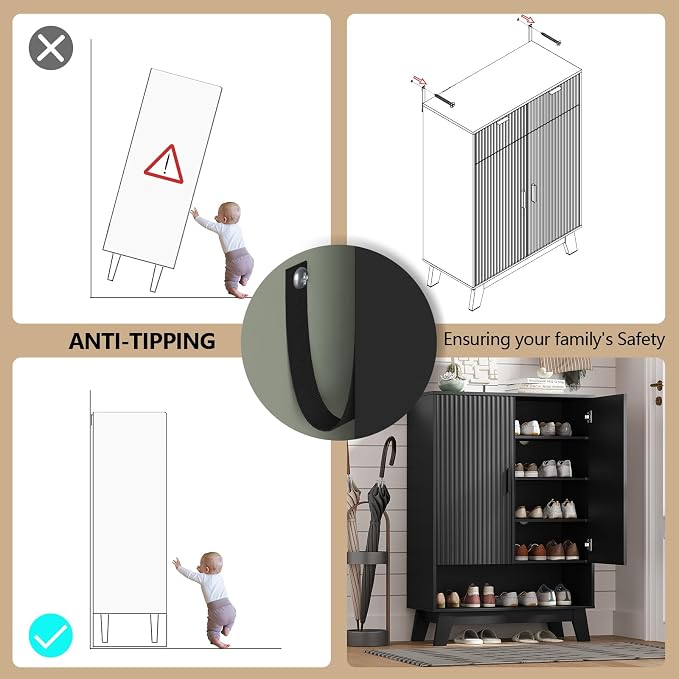 Shoe Cabinet Storage for Entryway with Doors, 5 Tier Fluted Shoe Organizer with Adjustable Shelves, Entryway Shoe Storage with Wooden Legs, Freestanding Hidden Shoe Rack for Front Door Entrance, Black