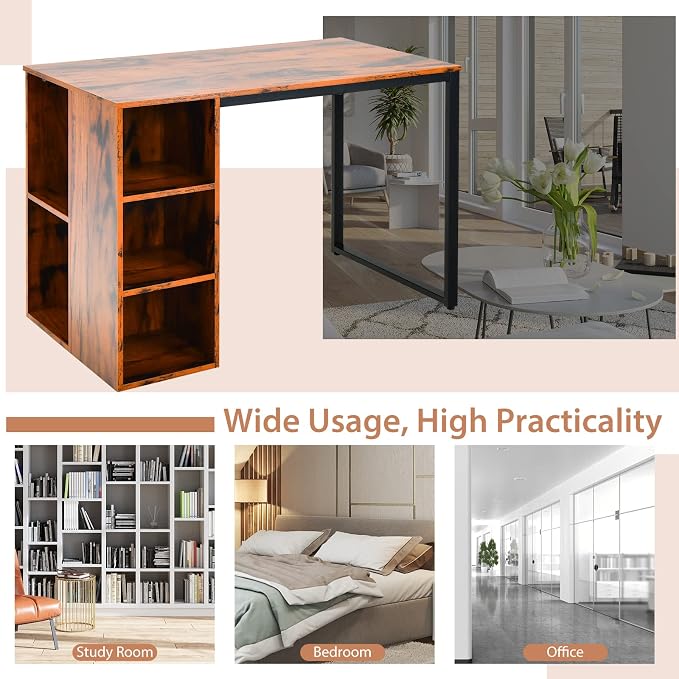 Tangkula Computer Desk with Storage Shelves, Home Office Desk with 5 Side Shelves & Metal Frame, Space Saving Laptop PC Desk, Writing Study Desk, Modern Vanity Desk for Bedroom (Rustic Brown)