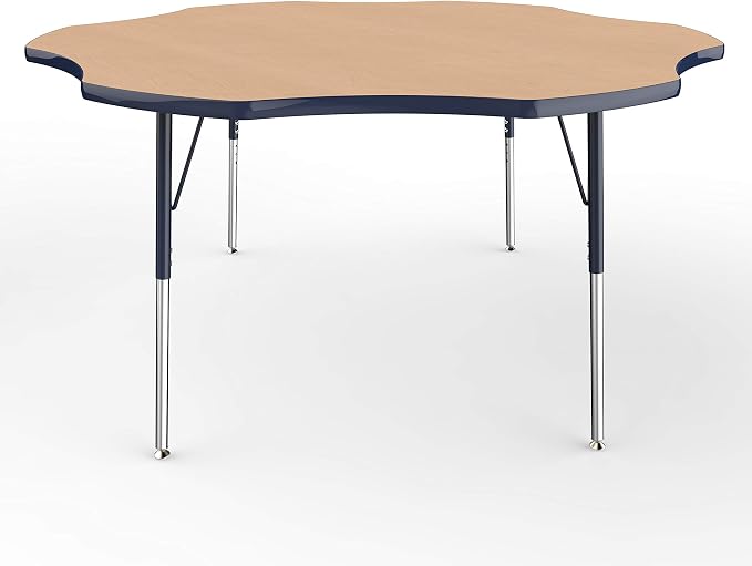 FDP Flower Activity School and Office Table (60 inch), Standard Legs with Swivel Glides for Collaborative Seating Environments, Adjustable Height 19-30 inches - Maple Top and Navy Edge