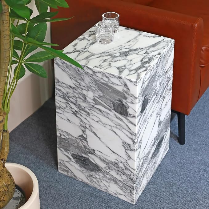 Luxury Marble Side Table,Square End Table for Modern Sofa and Bed, Living Room, Sofa, Bedroom(Arabescato)