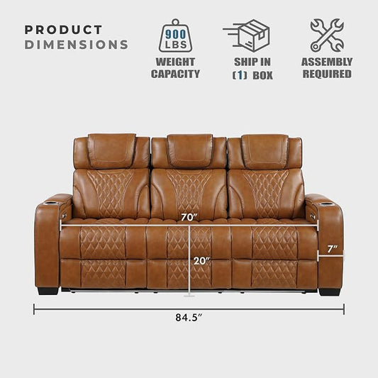 Lexicon Power Double Reclining Sofa, Center Drop-Down Table with Heat/Massage/Headrest/Storage Arms/Cup Holders/LED Lights/Wireless Charging, Top Grain Leather Match Wall Hugger Recliner Sofa, Brown