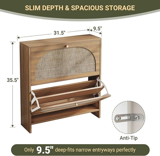 Nicetree Freestanding Ultra Slim Arched Rattan Accent Shoe Storage Cabinet for Entryway - 2 Flip Drawers & 3-Tier Adjustable Shelves, Farmhouse Modern Rustic Shoe Rack for Hallway Foyer,Oak