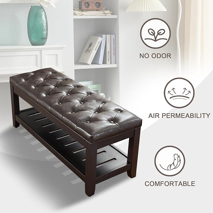 adochr PU Leather Large Rectangular Ottoman with Storage, Upholstered Entryway Bench for Living Room, Oversized Button Tufted Ottoman with Wood Shelf Storage, Dark Brown