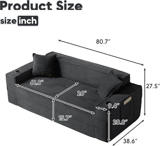 Boneless Sectional Sofa Couch with Cup Holders & Side Pockets, Modern Corduroy Fabric Deep Seat 3-seat Cloud Couch for Living Room Office, No Assembly (Grey)