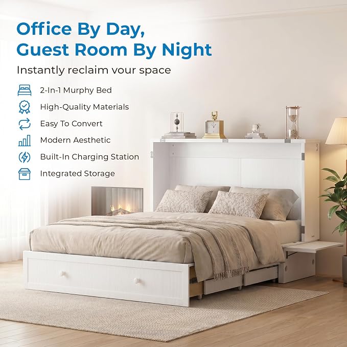 Mjkone Murphy Bed Queen Cabinet Bed with Tri-fold Mattress and Built-in USB Charging, 2 Drawers, Bedside Panel, Hidden Guest Beds, Murphy Cube Chest Cabinet Beds for Bedroom, Apartment - White