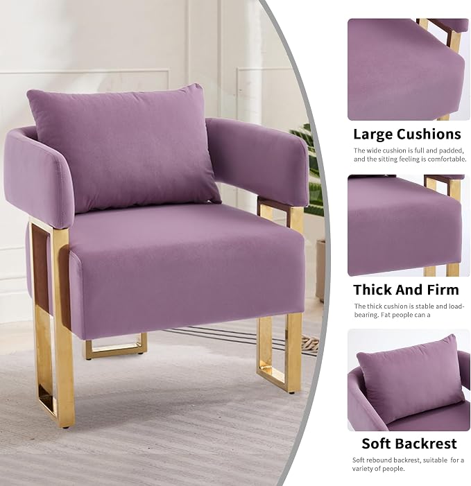 YISHENG Modern Barrel Accent Chairs Set of 2, Living Room Side Chairs with Golden Metal Legs Velvet Upholstered Reading Armchairs no Wheels for Vanity/Reception Room//Bedroom/Lounge/Office, Purple