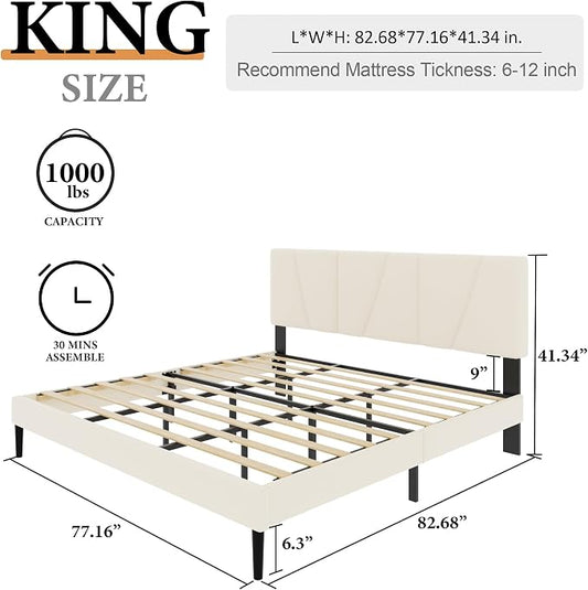 King Size Platform Bed Frame with Upholstered Headboard, Wooden Slats Support, Noise Free, No Box Spring Needed, Easy Assembly, Beige, Velvet