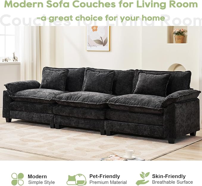 Oprisen 120" Modular Sectional Sofa, Comfy Cloud Couch Sectional Sofa, Chenille Sofa Sleeper Deep Seat Sofa with Throw Pillows for Living Room (Black, 120"- 3 Seater)