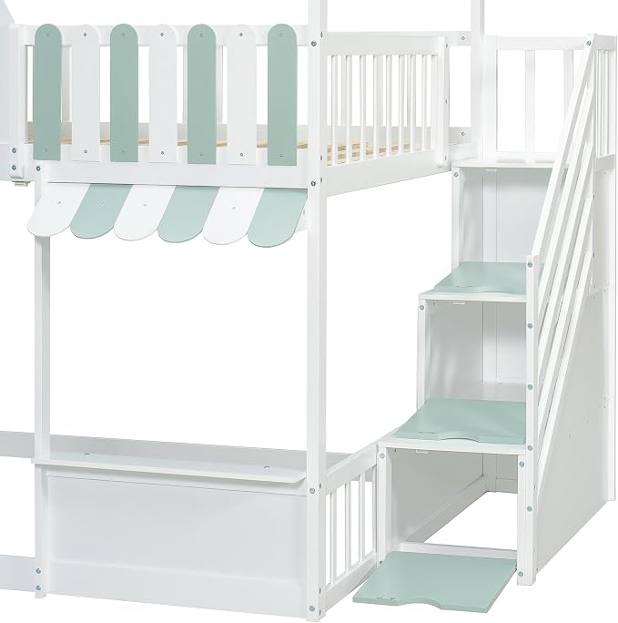 Merax Full Over Full Wood House Bunk Bed Frame with Storage Staircase & Shelves, Modern Low Bunk Bed with Solid Slats, Guardrail, No Box Spring Required, Easy Assembly,Playhouse Design,White+Green