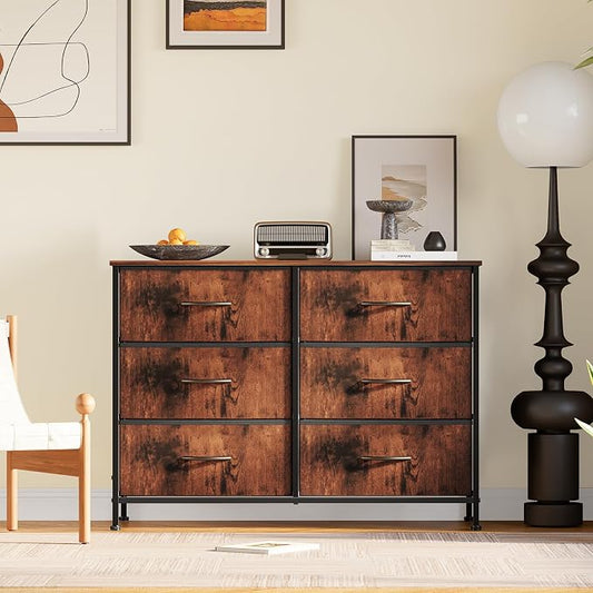 DUMOS 6 Drawer Dresser for Bedroom, Wide Storage Chest of Drawers Cabinet | Fabric Storage Organizer with Wooden Top, TV Stand for 43-50 Inch TV in Closet, Living Room, Rustic Brown