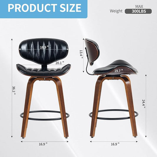 Bar Stools Set of 2, 24 inch PU Leather Wooden Bentwood Swivel Barstools Counter Height Modern Breakfast Bar Chairs with Backrest and Footrest for Kitchen Island, Dining Room D035-Black-2
