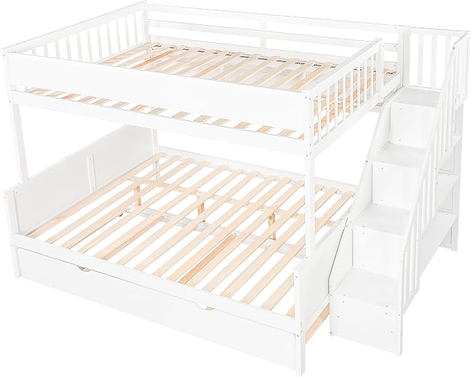Modern Bunk Bed Full XL Over Queen Size with Storage Shelves and Staircase, Solid Wood Bunk Bed Frame with Trundle and LED Light for Kids Teens Adults (White-3.9)