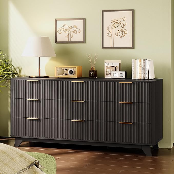 VINGLI Black Dresser 9 Drawer, Fluted Dresser with Rounded Edges, 57" Long Modern Dressers for Bedroom, Black and Gold, 57" W*15.75" D*29.92" H