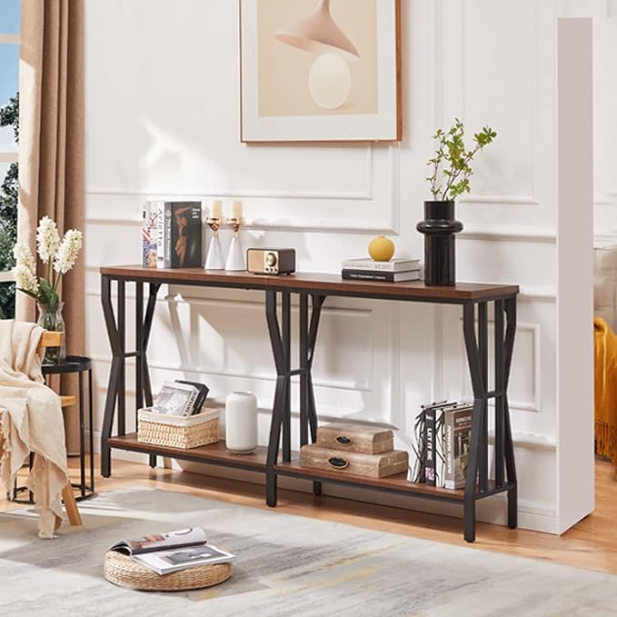 HOMISSUE Sofa Console Table, 63" Extra Long Sofa Table with 2-Tier Storage, Industrial Narrow Console Tables Behind Couch, Hallway Table for Entryway, Living Room, Rustic Brown