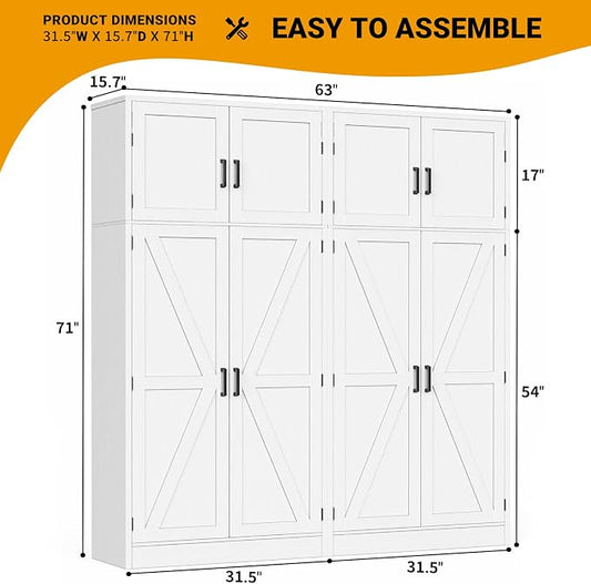Unikito 71” Tall Storage Cabinet, Farmhouse Kitchen Pantry Cabinet with Adjustable Shelves and Barn Doors, Large Bathroom Storage Cabinet, Storage Cupboard for Dinning, Living Room, Office, 2 Pack