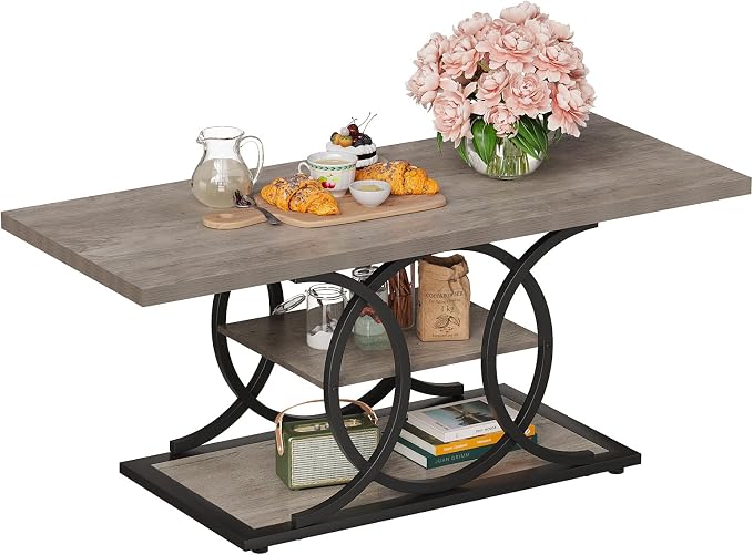 GiftGo Rustic Coffee Table with Storage Industrial 3 Tier Center Living Room Table Farmhouse Wooden Rectangle Cocktail Tea Table for Office Bedroom Elegant Full Moon Design (Vintage Gray, L-47)