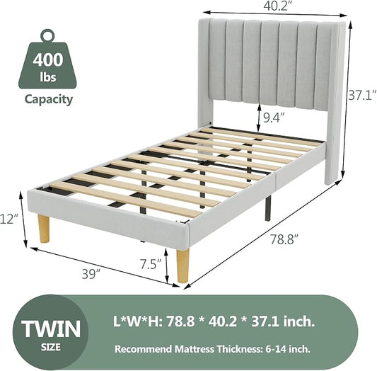 alazyhome Platform Bed Frame Twin Size with Upholstered Headboard, Solid Wood Slats Support, No Box Spring Needed, Noise Free, Easy Assembly, Modern Fabric Bed, Light Grey