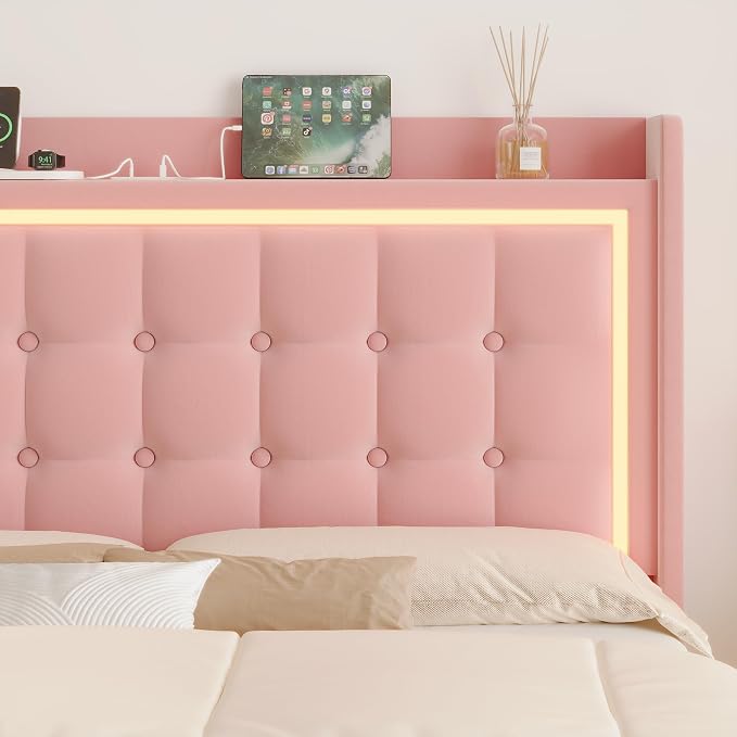 Keyluv Twin Floating Bed Frame with Storage Headboard, LED Lights & Charging Station Platform Bed, Soft Upholstered Velvet, USB/Type-C Ports, Easy Assembly, Pink