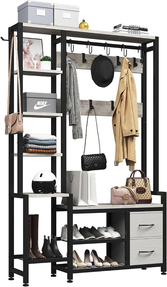 Hall Tree for Entryway 43", Bench with Shoe Storage, Large Coat Rack Shoe Bench with 5 Tier Shelves, 5 in 1 Design Front Door Shoe Rack and Wall Rack Hooks, and 2 Drawers (Rustic White)