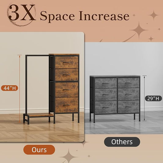 HIGDBFE Tall Dresser 44''H with Hanging Rack, 4 Drawers Small Closet Dresser for Bedroom, Reversible Fabric Chest of Drawers with Clothes Rack, Tall Storage Tower, Sturdy Frame, Rustic Brown