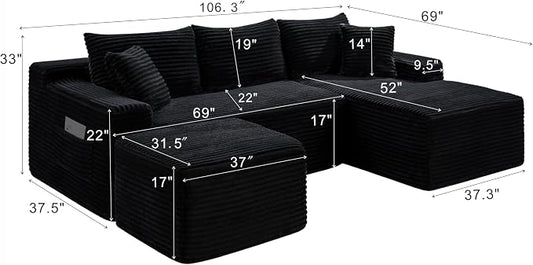 106-Inch Oversized U-Shaped Right Facing Corner Compressed Sofa Modular Boneless Cloud Sectional Sofa Floor Foam Couch W/Chaise & Ottoman, Corduroy Corner Boneless Cloud Couch
