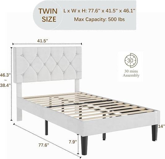 VECELO Twin Size Bed Frame with Diamond Tufted Headboard, Upholstered Platform Bedframe with Wood Slat Support, No Box Spring Needed, Velvet & White