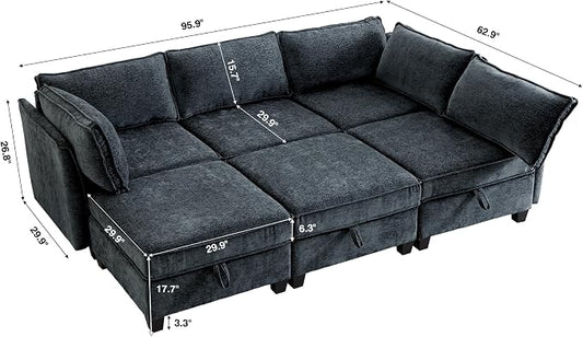 ORRD Sleeper Modular Sectional Sofa Set, Convertible Couch Bed with Storage, 6 Seater and 3 Armrestes Sofa Modular for Living Room, Office (Blue Grey)