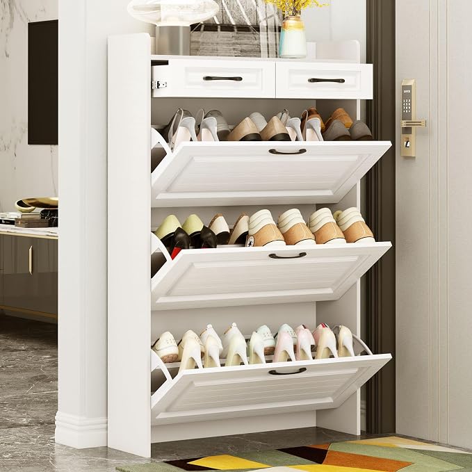 Shoe Cabinet Storage for Entryway with 3 Large Flip Drawers & 2 Storage Drawers, Narrow Shoe Organizer Cabinet Fits for Kinds of Shoes, Slim Shoe Storage Cabinet for Entryway, Hallway, Living room