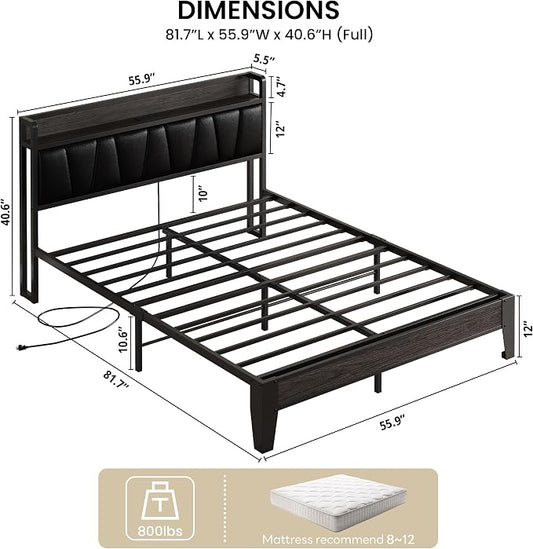 LIKIMIO Full Size Bed Frame, PU Leather Storage Headboard with Charging Station, Solid and Stable, Noise Free, No Box Spring Needed, Easy Assembly, Black