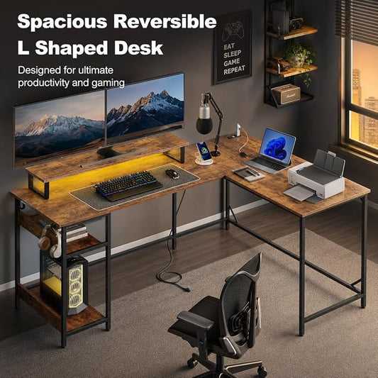 DEVAISE Full-Size 60" L Shaped Gaming Desk with LED Lights and Power Outlets - Reversible Corner Computer Table with Monitor Stand and Storage Shelves for Work and Gaming, Rustic Brown