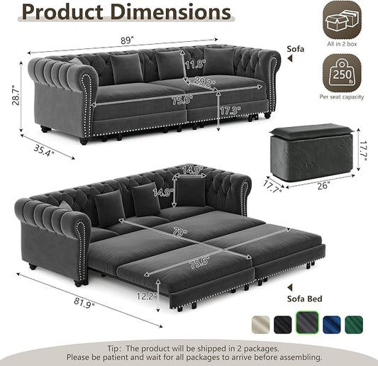 89" Velvet Pull Out Sofa Bed - 3-in-1 Convertible Sleeper Sofa with Ottoman, Button Tufted Chesterfield Sofa, Pull-out King Size Couch Bed, Space Saving for Small Spaces Apartments, Living Room, Grey