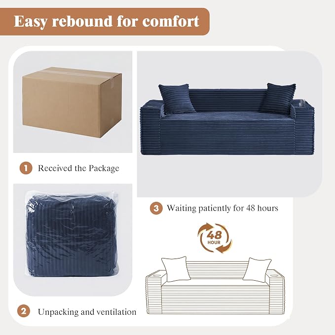 2 Pcs Living Room Cloud Sofa Set,Boneless 3 Seat Sofa Couch with Cup Holder and Side Pocket for Compact Living Rooms, Apartments (Blue, Single Chair + 3 Seat Sofa)