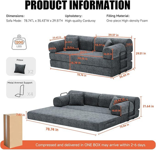 78.84" Boneless Couch with Memory Foam, Corduroy Convertible Loveseat for Apartment Living Room, Floor Sofa Bed,1200 lb, Vacuum Packed Couch in a Box, Charcoal Gray