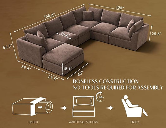 ohllob Oversized Cloud Couches for Living Room, Boneless Sectional Couch with Ottoman, 7 Seater Large Modular Sectional Sofa, Coffee Brown