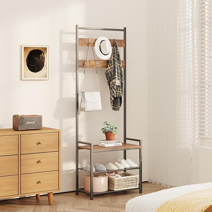 Coat Rack Hall Tree with Shoe Storage, Entryway Hall Tree Storage Bench, Wood Look Accent Furniture with Metal Frame, 3-in-1 Design, Rustic Brown