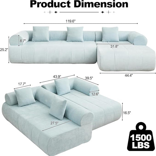 119" Boneless Curved Sofa Couch, 3 Seat Cloud L Shaped Deep Seat Couches for Living Room, No Assembly Modular Sofa with Right Chaise Lounge, Blue