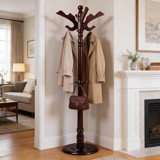 Wooden Coat Rack Freestanding with 11 Hooks, Adjustable Height Coat Tree Free Standing Heavy Duty for Entryway, Easy Assembly Solid Wood Sturdy Coat Hats Hanger Stand for Office Hallway Bedroom