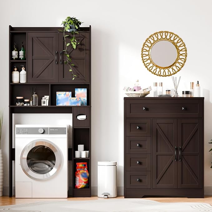 Vabches Farmhouse Storage Cabinet with 2 Doors and 5 Drawers, Freestanding Bathroom Cabinets Kitchen Pantry, Floor Storage Cabinet Hutch Cupboard for Living Room/Bathroom/Kitchen.(Espresso