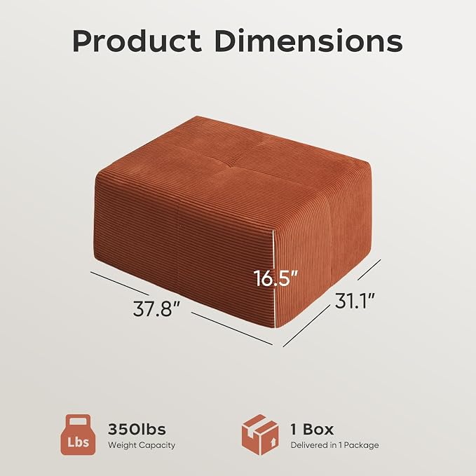 Boneless Modular Sofa Ottoman, Modern Footrest with Soft Padded Seat, Chenille Footstool Boneless for Living Room, Terracotta Orange