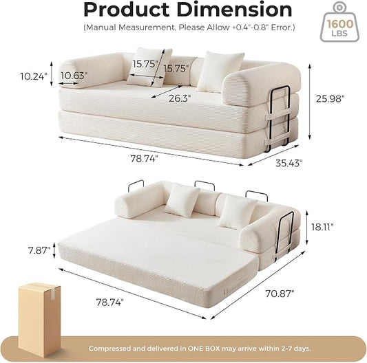 79" 5-in-1 Convertible Sofa Bed No Assembly, Boneless Couch Bed with High Density Foam, Foldable Sleeper Sofa, Corduroy Modular Couch for Apartment, Studio, Dorm Room, Small Space, Beige White