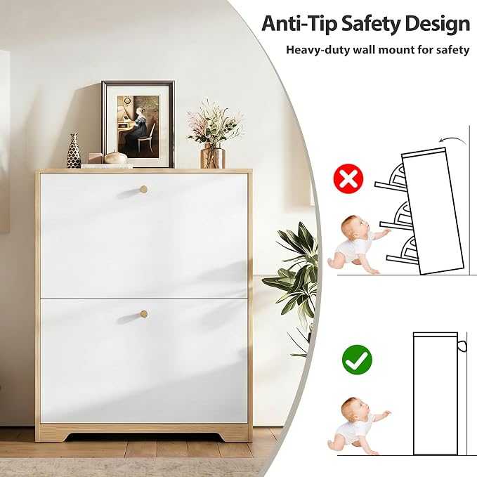Nicetree Shoe Cabinet with 2 Flip Drawers, Narrow Shoe Organizer Cabinet, Freestanding Shoe Rack Cabinet, Modern Shoe Storage Cabinet for Entryway, Hallway, Foyer, Natural Oak and White