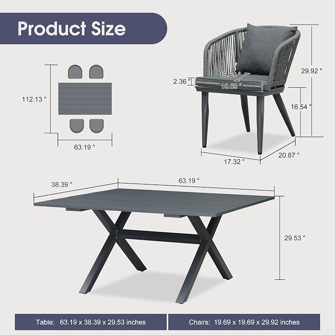 PURPLE LEAF 5 Pieces Patio Dining Set Wicker Outdoor Furniture Rectangular Table and Chairs Set for Garden Deck Aluminum Frame Backyard Kitchen Set, Cushions and Pillows Included Grey