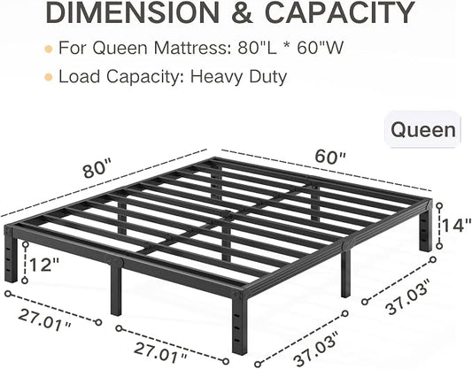 Queen Bed Frame Heavy Duty,14" High Black Metal Platform Bed Frame,Sturdy Steel Frame,Support up to 3500lbs,No Box Spring Needed,Noise-Free,Easy Assembly