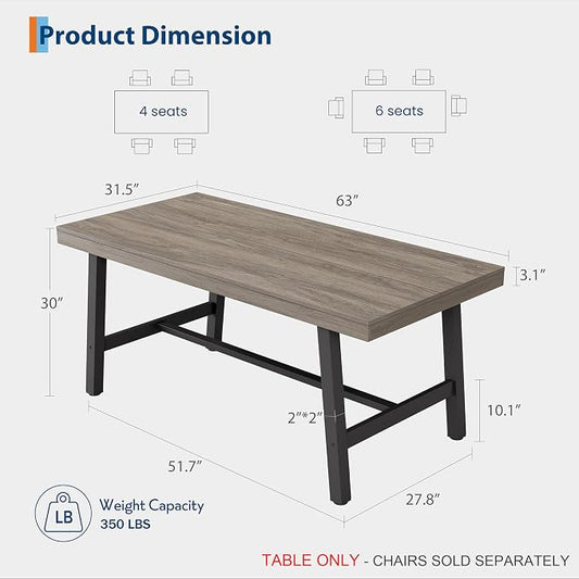 GarveeHome Industrial Dining Table for 4-6 People, 63" Long Kitchen Table with Sturdy Metal Frame, Rectangular Counter for Dinner, Kitchen, Dining Room (Grey Walnut, 63" Non-extendable)
