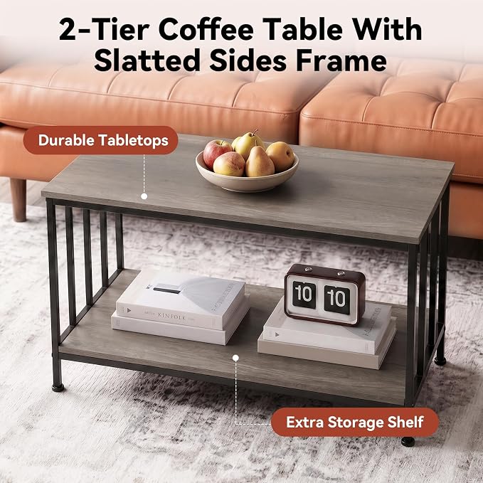 SENIG 2-Tier Coffee Table 39.4" with Slatted Sides Frame, Grey Oak | Industrial Wood and Metal Center Table for Home Office Kitchen 39.4" L x 21.7" W