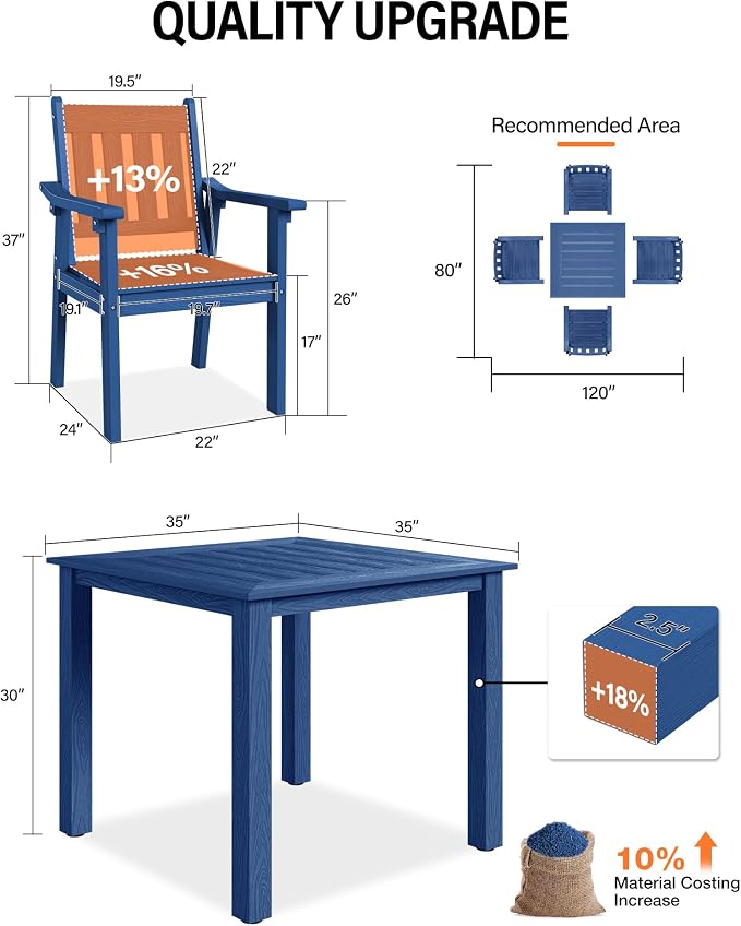 YEFU HIPS Patio Table Set: 5 Piece Outdoor Square Table and Chairs with Metal Aluminum Frame - Blue Modern Plastic Patio Dining Furniture Set 4 Person for Outside Deck